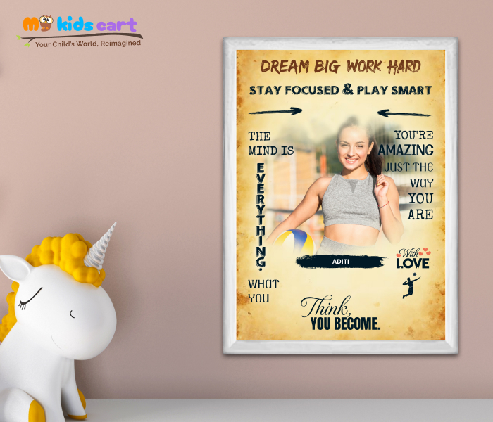 Customized Volleyball Girl Cream Background Personalized Motivational Wall Art White (Framed)