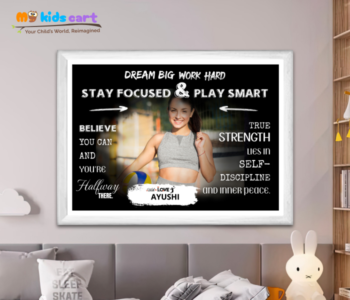 Customized Volleyball Player Black Background Poster Personalized Motivational Wall Art White (Framed)