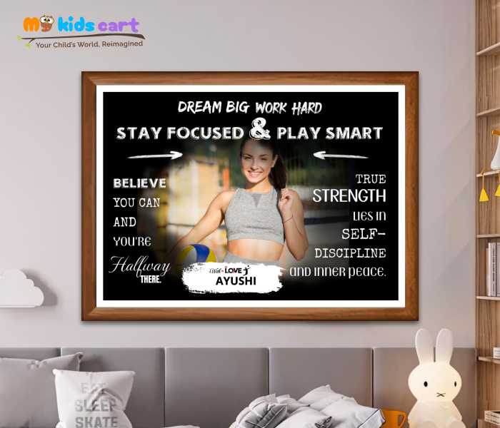 Customized Volleyball Player Black Background Poster Personalized Motivational Wall Art Wooden (Framed)