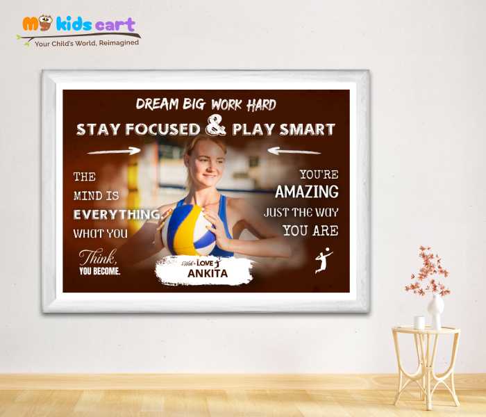 Customized Volleyball Player Brown Background Poster Personalized Motivational Wall Art White (Framed)