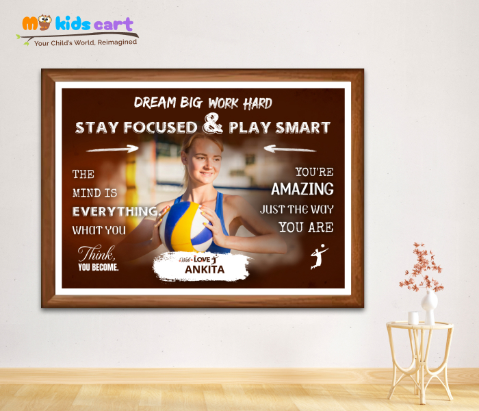 Customized Volleyball Player Brown Background Poster Personalized Motivational Wall Art Wooden (Framed)