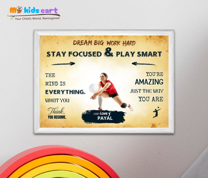 Customized Volleyball Player Girl Cream Background Personalized Motivational Wall Art White (Framed)