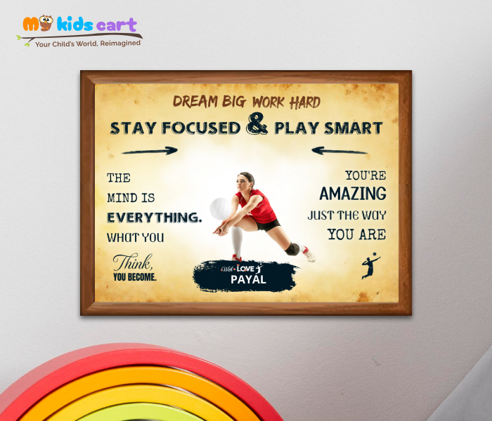 Customized Volleyball Player Girl Cream Background Personalized Motivational Wall Art Wooden (Framed)