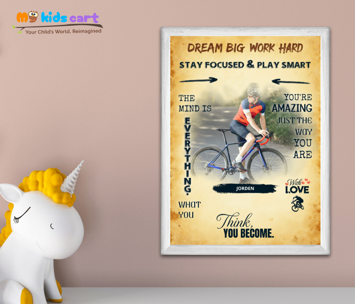 Cycling Player Boy Cream Background Poster Personalized Motivational Wall Art White (Framed)