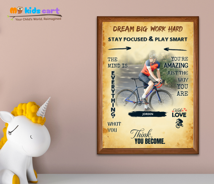 Cycling Player Boy Cream Background Poster Personalized Motivational Wall Art Wooden (Framed)