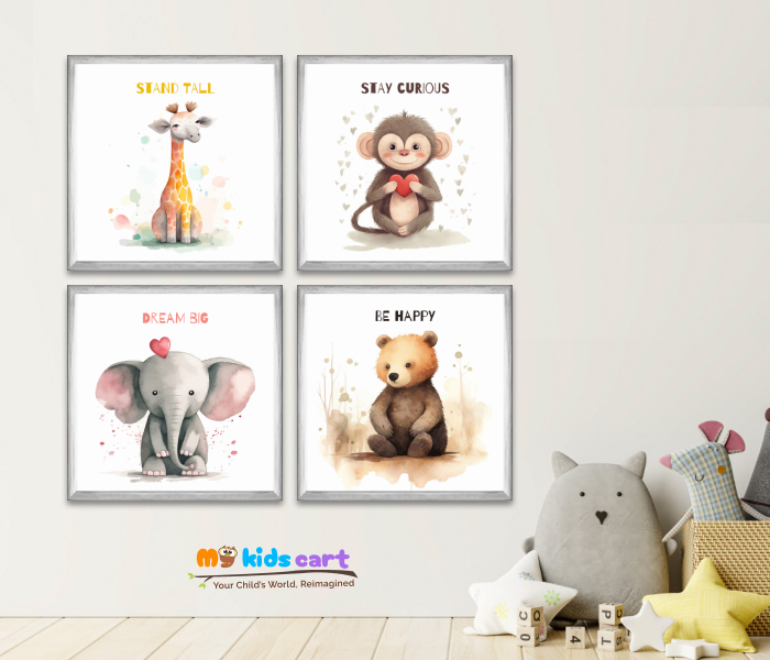 Floral Baby Animals Motivational Personalised Wall Art (Framed Set of 4) White (Framed)