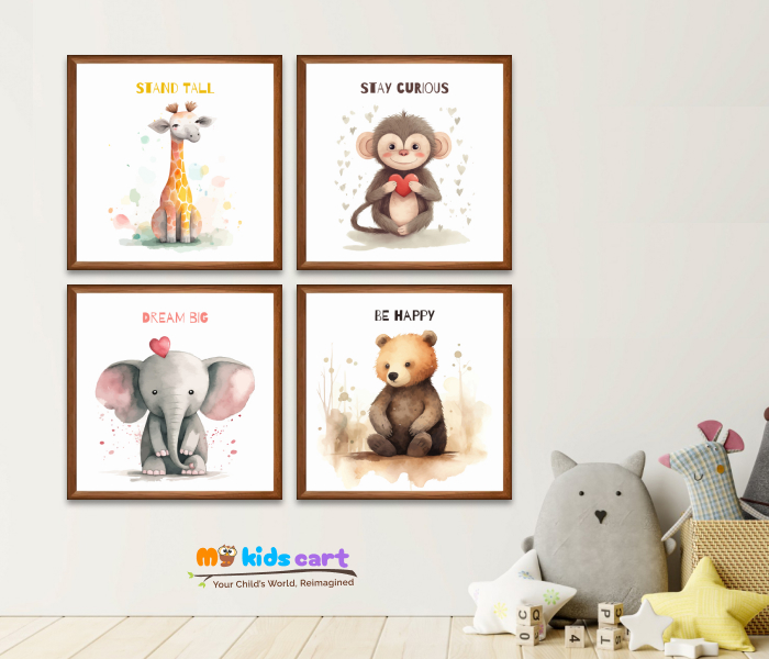 Floral Baby Animals Motivational Personalised Wall Art (Framed Set of 4) Wooden (Framed)