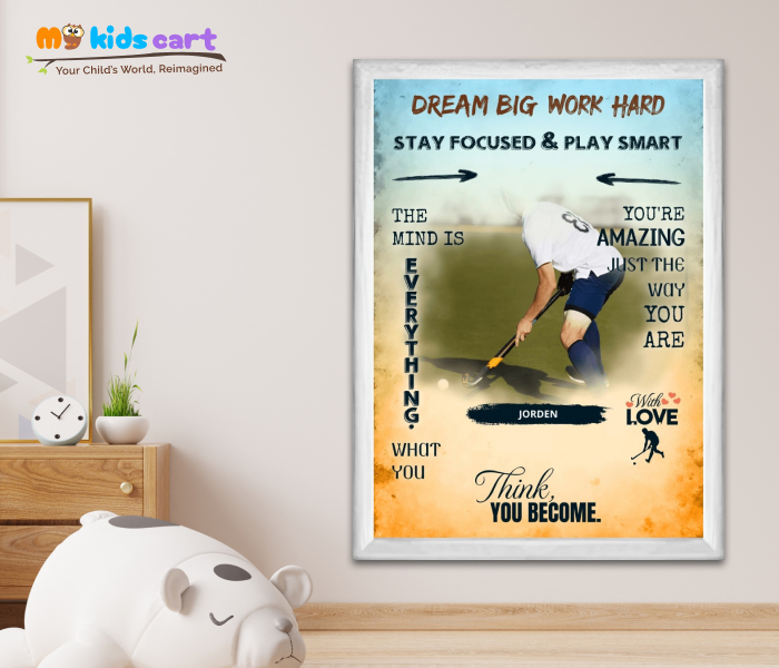 Hockey Player Boy Colorful Background Personalized Motivational Wall Art White (Framed)