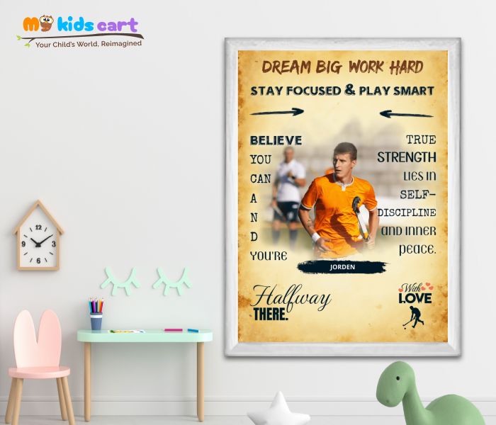 Hockey Player Boy Cream Background Personalized Motivational Wall Art White (Framed)