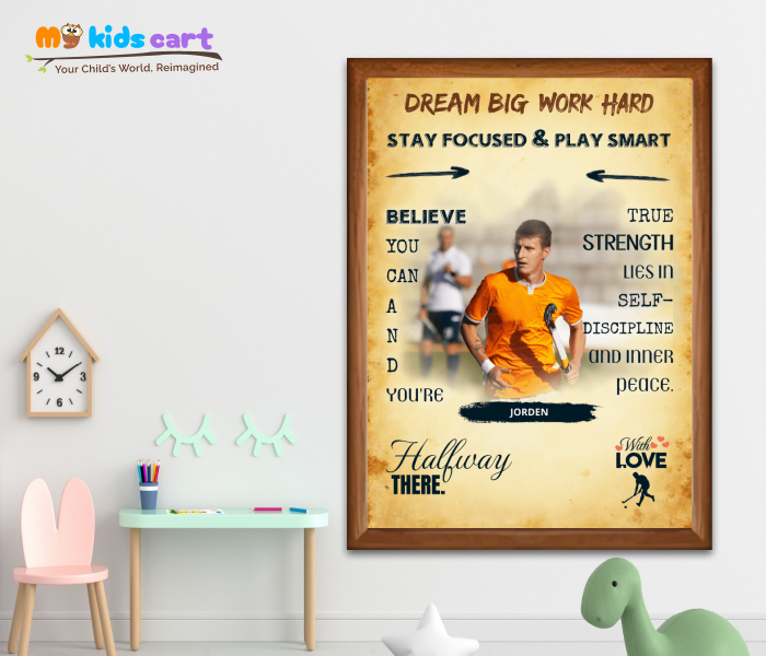 Hockey Player Boy Cream Background Personalized Motivational Wall Art Wooden (Framed)