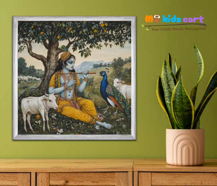 Krishna Beneath the Tree Poster Wall Art White (Framed)