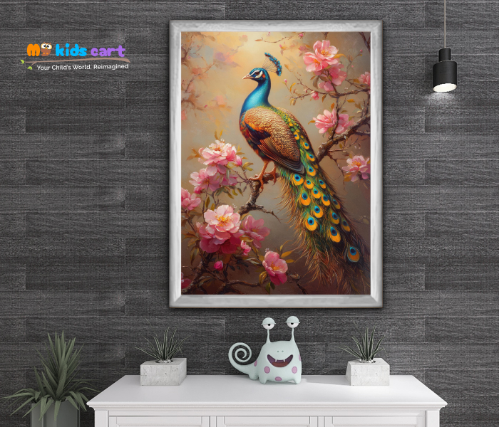 Majestic Peacock in Full Bloom Poster Wall Art White (Framed)