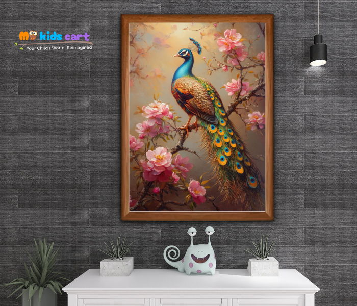 Majestic Peacock in Full Bloom Poster Wall Art Wooden (Framed)