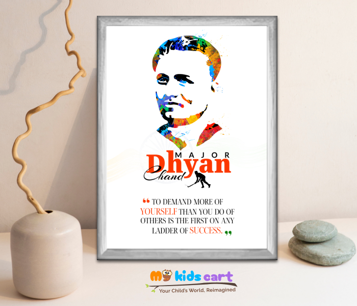 Major Dhyan Chand Hocky Poster Personalized Motivational Wall Art White (Framed)