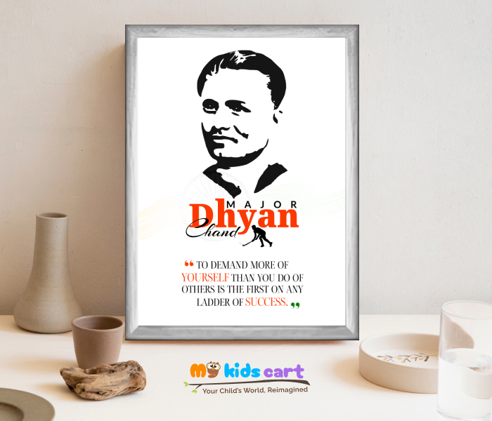 Major Dhyan Chand Hocky White Poster Personalized Motivational Wall Art White (Framed)