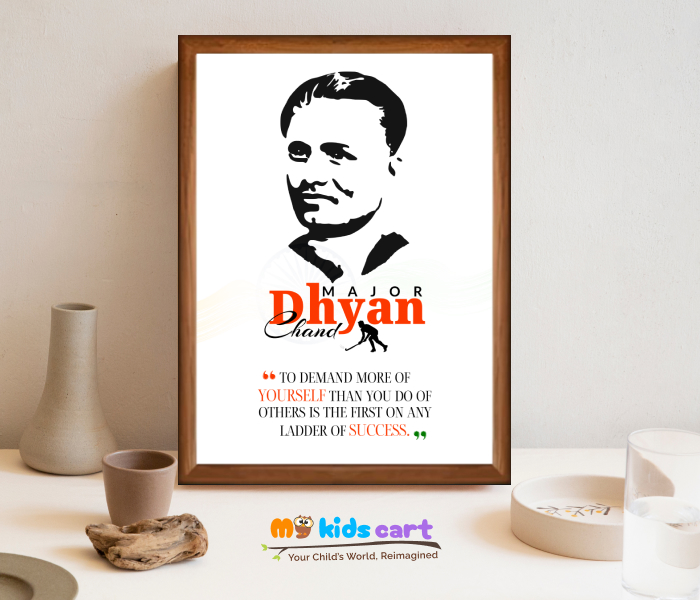 Major Dhyan Chand Hocky White Poster Personalized Motivational Wall Art Wooden (Framed)